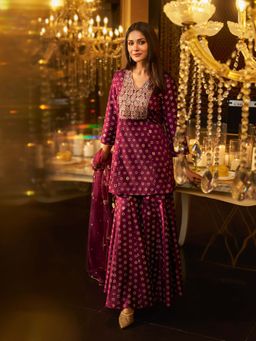 W - Maroon Embroidered A-Line Rayon Kurta Sharara and Dupatta