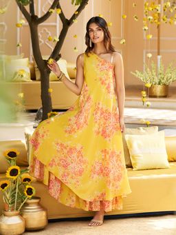 W - Yellow Ethnic Motifs Zari Fit and Flare Tissue Dress