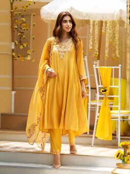 W - Yellow Floral Embroidered Straight Kurta with Pants and Dupatta Set