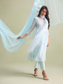 W - Light Blue Floral Embroidered Organza A-line Kurta with Straight Pants and Dupatta Set