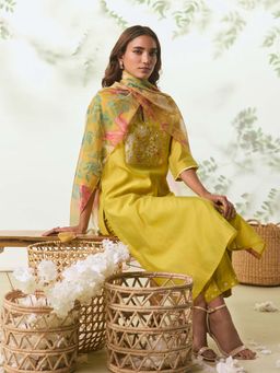 W - Womens Yellow Thread Embroidery Chanderi Kurta with Pant & Dupatta