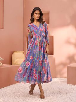 W - Womens Blue Floral Printed Chiffon Flared Dress