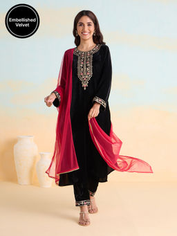 Likha - Black Velvet Dreams Embroidered Kurta Pant & Dupatta LIKVDSKD01 (Set of 3)