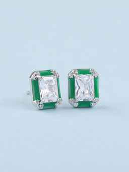 Ornate Jewels - 925 Silver Octagon American Diamond Green Enamel Stud Earring For Women & Girls