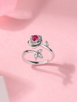 Ornate Jewels - 925 Silver Round Red Ruby Blooming Rose Adjustable Ring for Women & Girls
