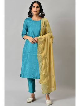 W - Women Green Striped Print Cotton Kurta With Slim Pant & Dupatta