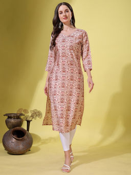 Tikhi Imli - Peach Color Silk Blend with Gotta Lace Neck Straight Kurta