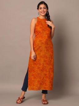 Meeranshi - Bandhani Printed Halter Neck Cotton Straight Kurta
