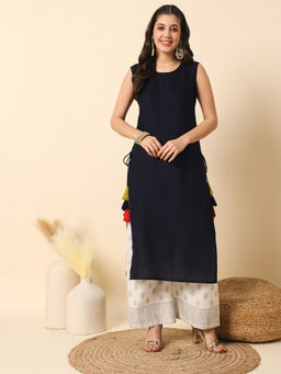 Meeranshi - Navy Blue Solid Sleeveless Straight Kurta