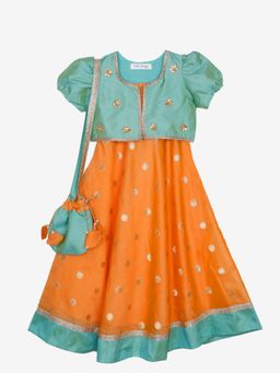SAKA DESIGNS - Girls Maxi Gown Jacket with Pouch Orange and Green (Set of 3)
