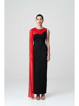 SOTBELLA - Black Sequin Patch-Work Dress With One Shoulder Drape
