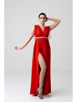 SOTBELLA - Adjustable Sleeve Embellished Red Dress