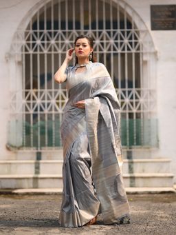 Odette - Grey Soft Mulberry Silk Exclusive Woven Designer Saree with Unstitched Blouse