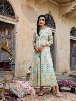 Juniper - Ivory Ethnic Motif Printed & Embroidered Georgette Layered Maxi Dress