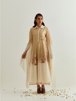 PRAMA By Pratima Pandey - Printed Chanderi Beige Dress
