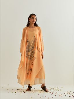 PRAMA By Pratima Pandey - Printed Chanderi Orange Kurta with Inner (Set of 2)