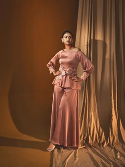 "Two Sisters" by Gyans - Peach Chiffon One-Shoulder Top with Bell-Bottom Pant and Belt