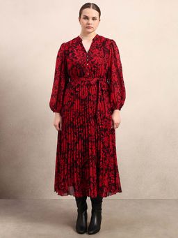 VERO MODA - Curve Red Floral Pleated Midi Dress with Belt