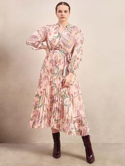 VERO MODA - Curve Peach Floral Pleated Dress with Belt
