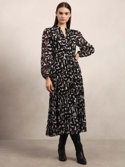 VERO MODA - Black And White Floral Printed Midi Dress with Belt