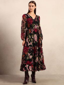 VERO MODA - Black Floral Print Tiered Dress with Belt