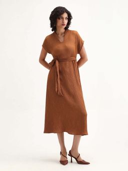 RAREISM - Solid Flared Midi Dress with Belt