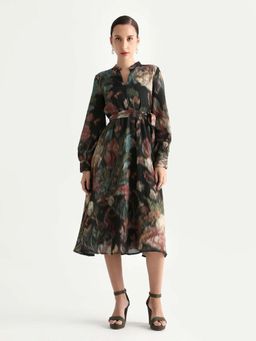 RAREISM - Floral Print Flared Midi Dress with Belt