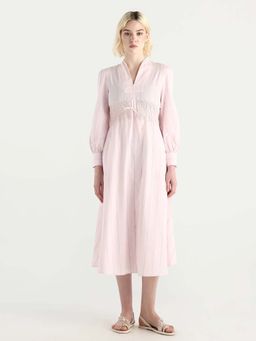 RAREISM - Striped A-Line Midi Dress with Lace Detail