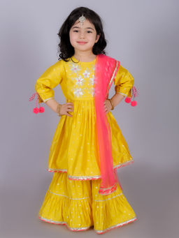Lil Drama - Ethnic Girls Yellow Kurta with Sharara & Dupatta (Set of 3)