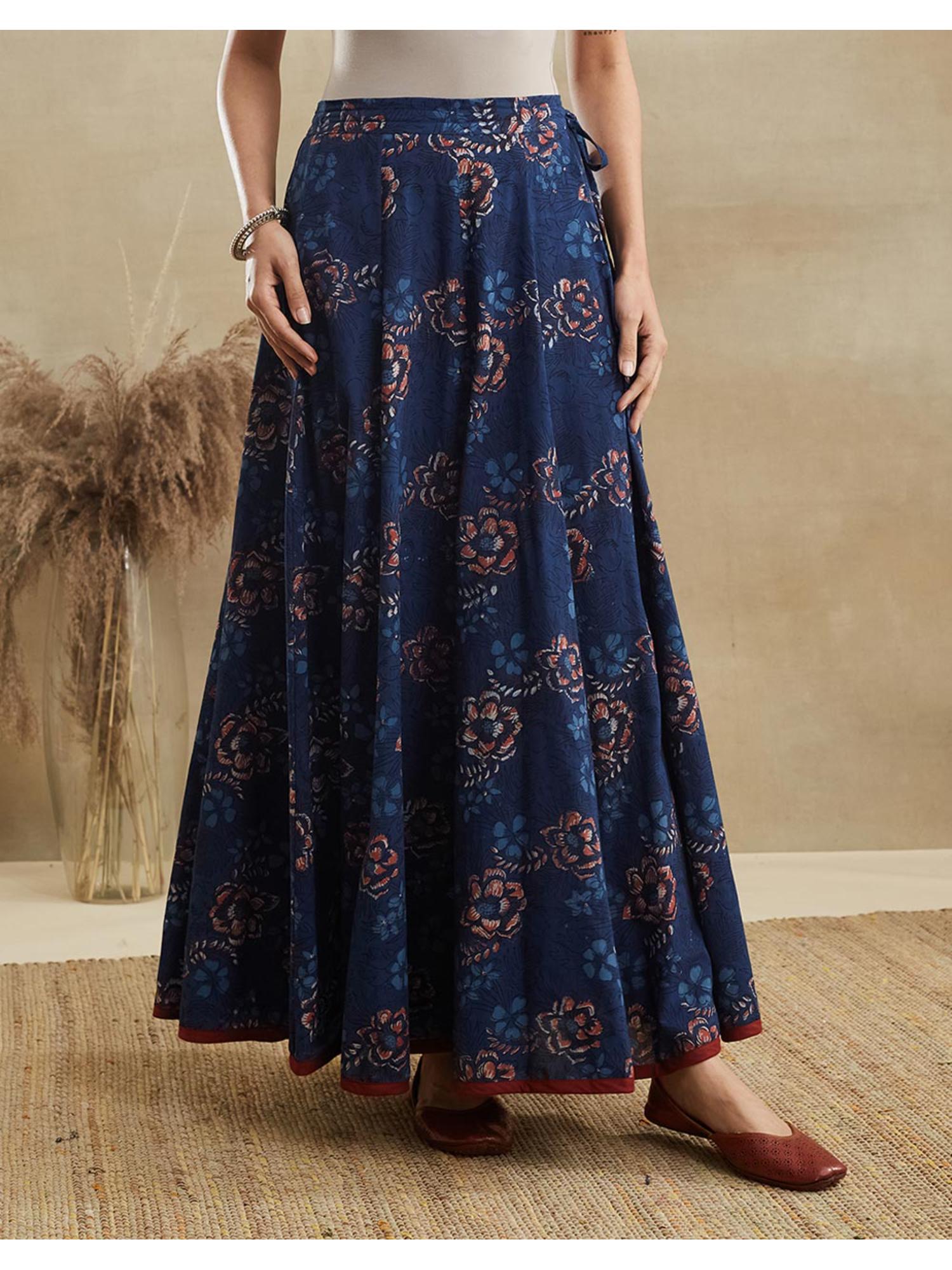 fabindia Women Navy Blue Floral Printed Cotton Ghera Skirt-picture-18