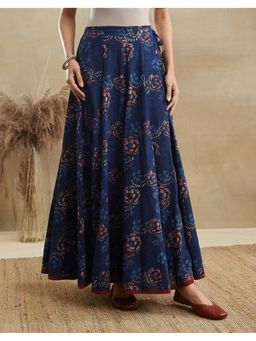 Fabindia - Women Navy Blue Floral Printed Cotton Ghera Skirt