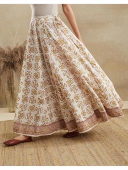Fabindia - Women White-Yellow Floral Printed Cotton Ghera Skirt
