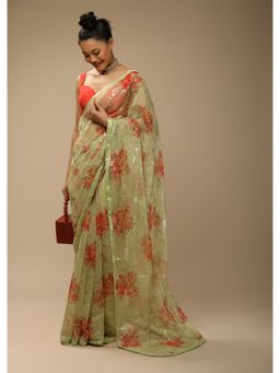 KALKI FASHION - Mellow Green Saree & Floral Bouquet and Sequins Embroidery with Unstitched Blouse