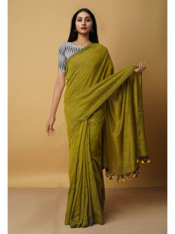 Unnati Silks - Green Pure Cotton Linen Saree with Unstitched Blouse