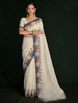 Odette - Stylish Cream Georgette Embroidered Saree with Unstitched Blouse
