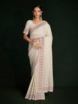 Odette - Modern Cream Georgette Embroidered Saree with Unstitched Blouse