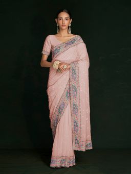 Odette - Beautiful Pink Georgette Embroidered Saree with Unstitched Blouse