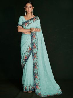 Odette - Modern Blue Georgette Embroidered Saree with Unstitched Blouse