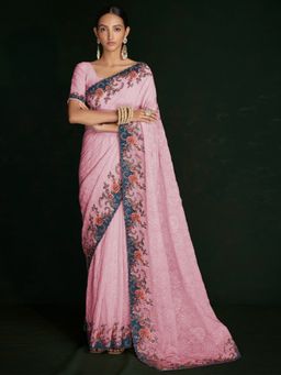 Odette - Classic Pink Georgette Embroidered Saree with Unstitched Blouse