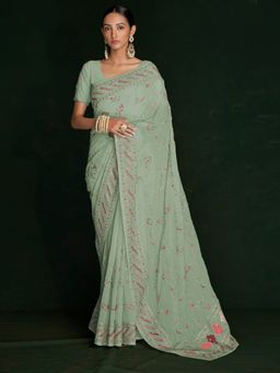 Odette - Designer Sea Green Georgette Embroidered Saree with Unstitched Blouse