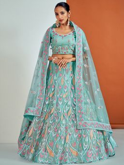 Odette - Stylish Blue Soft Net Semi Stitched Lehenga With Unstitched Blouse (Set of 3)