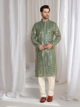 Aham-Vayam - Festive Green Golden Thread Embroidered Kurta With Dupatta