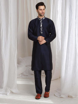 Aham-Vayam - Navy Blue Pushp Flora Embroidered Jacket with Kurta and Pant Set