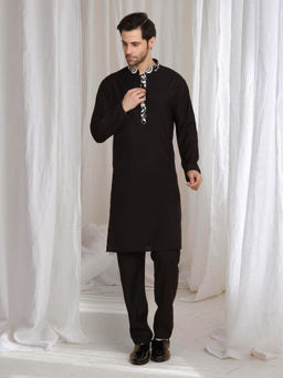 Aham-Vayam - Black Pushp Flora Embroidered Jacket with Kurta and Pant Set