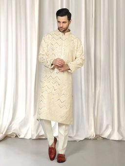 Aham-Vayam - Beige Krishna Mirror Embroidered Kurta With Back Elastic Pants