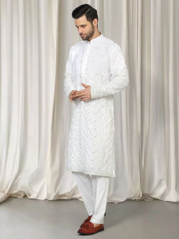 Aham-Vayam - White Harsh Mirror Embroidered Kurta With Back Elastic Pants