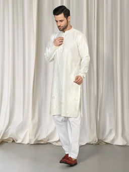Aham-Vayam - Cream Upwan Embroidered Kurta and Back Elastic Pants
