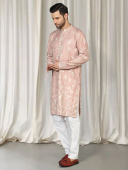 Aham-Vayam - Coral Upwan Embroidered Kurta and Back Elastic Pants