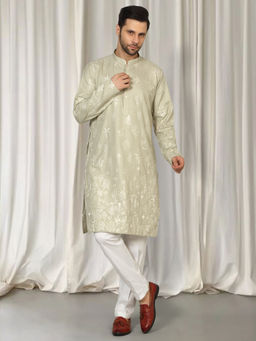 Aham-Vayam - Green Upwan Embroidered Kurta and Back Elastic Pants