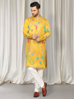 Aham-Vayam - Yellow Phool Utsav Embroidered Kurta With Back Elastic Pants